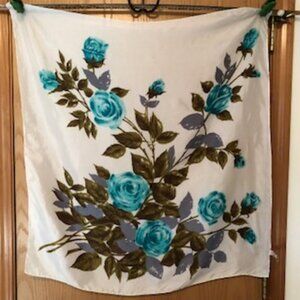 3/$15 Vintage 70s Turquoise Roses Bestmaid Embossed Rayon Square Scarf Handsewn